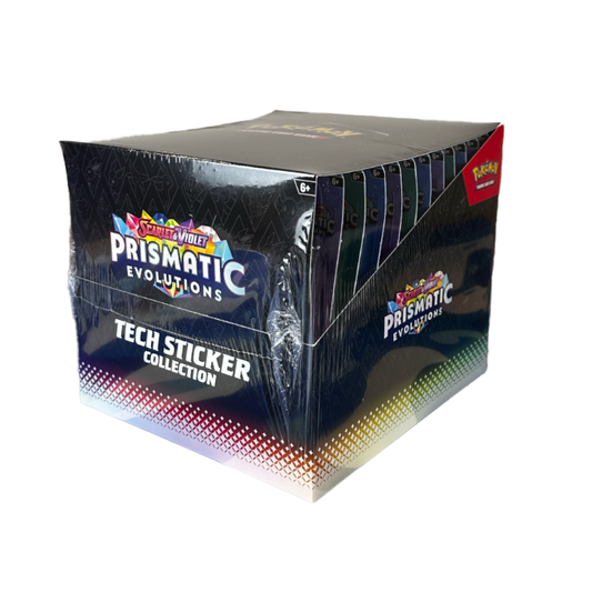 Pokemon Prismatic Evolutions Tech Sticker Collection Display